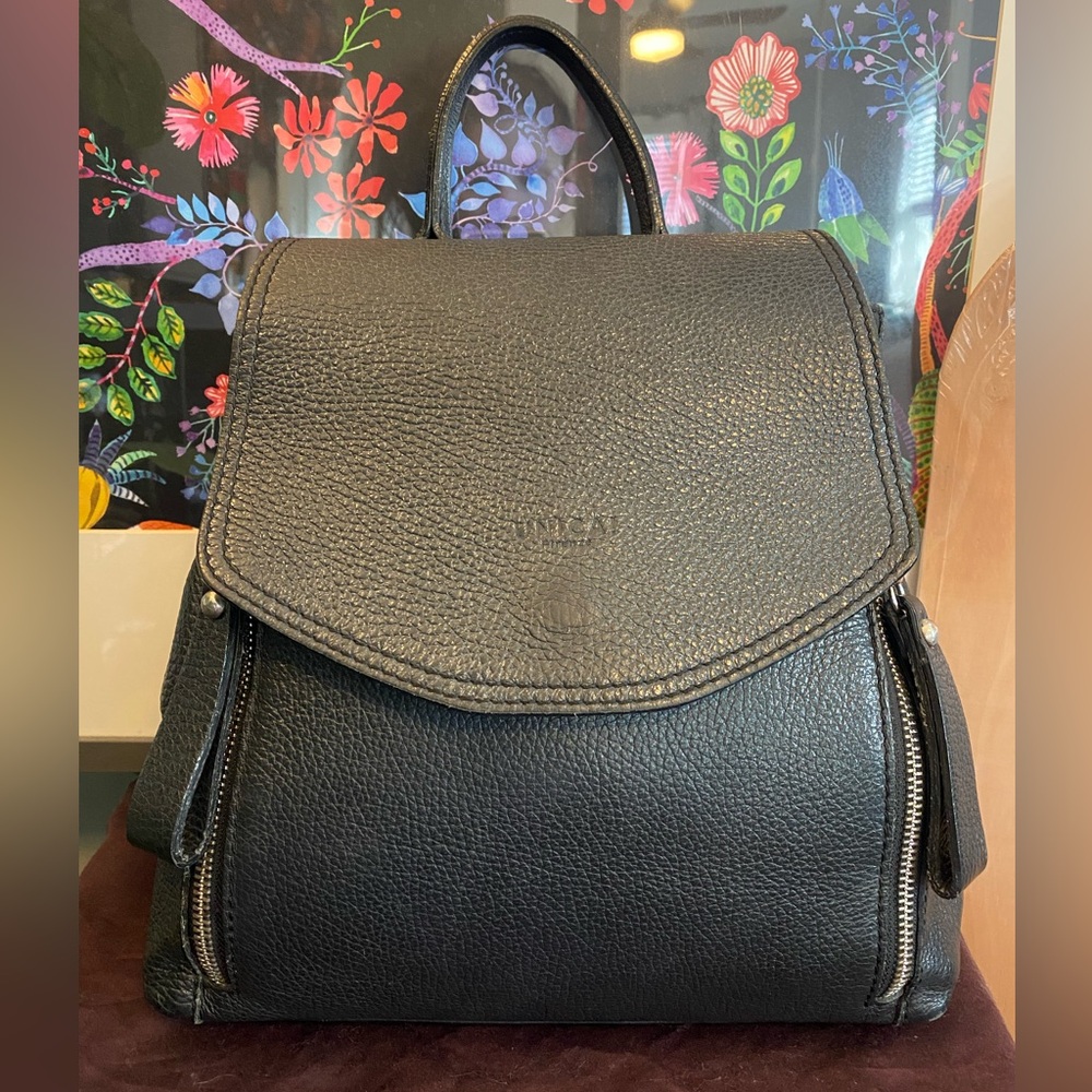 UNICA! Firenze Black Side Zip Pebbled Italian Leather Rucksack/Backpack